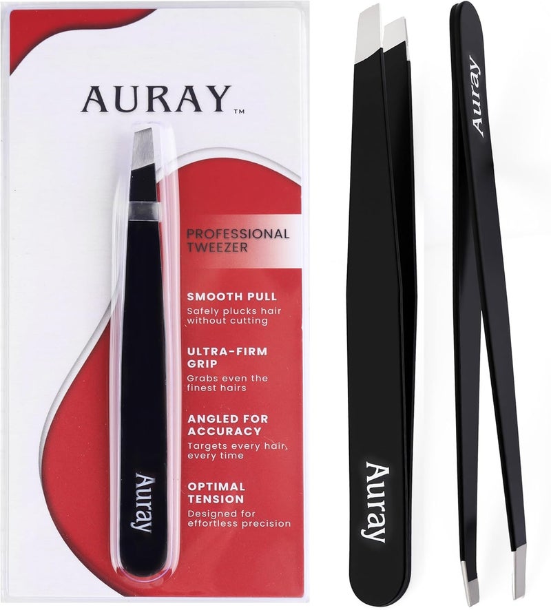 AURAY Eyebrow Tweezers Stainless Steel Facial Hair Removal Tweezers for Men & Women in Black with Slanted Tip for Easy Plucking by - Image 1